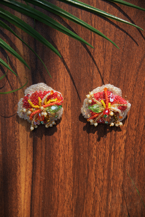 Handcrafted Tropical Bloom Beaded Earrings – Coral & Sunshine