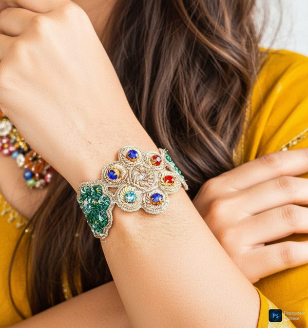 Vibrant Multicolor Statement Bracelet– Handmade, Embroidered, Gemstone Detailing