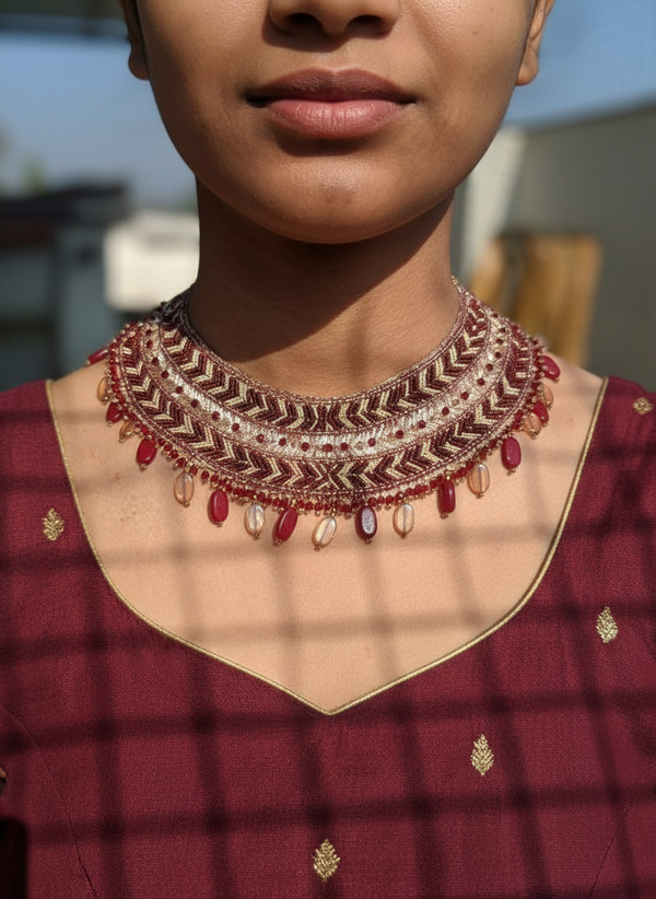 Royal Maroon and Gold Chevron Beaded Choker Necklace – Handmade Statement Jewelry