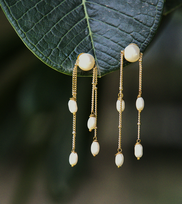 Ivory Rainfall Drop Earrings – Delicate Pearl & Gold Chain Dangles