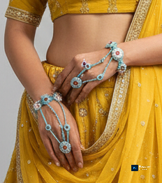 Handcrafted Beaded Hathphool Bracelet – Sky Blue & Red Crystal Bridal Hand Ornament