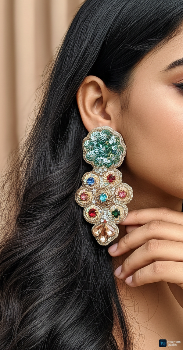 Vibrant Multicolor Statement Earring – Handmade, Embroidered, Gemstone Detailing