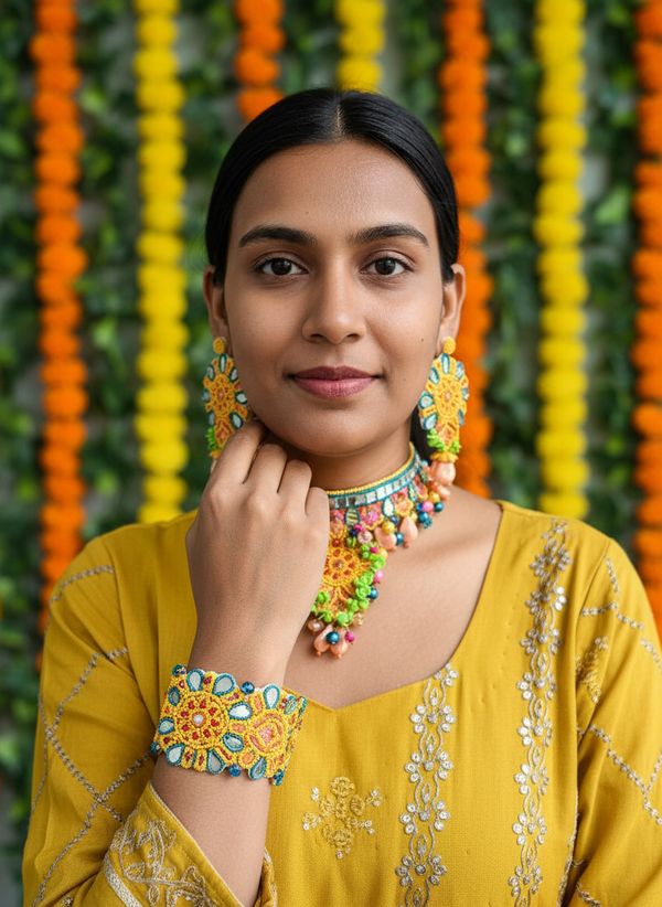 Multicolor Hand-Embroidered Beaded Choker Necklace Set with Statement Earrings | Haldi & Mehendi Jewelry