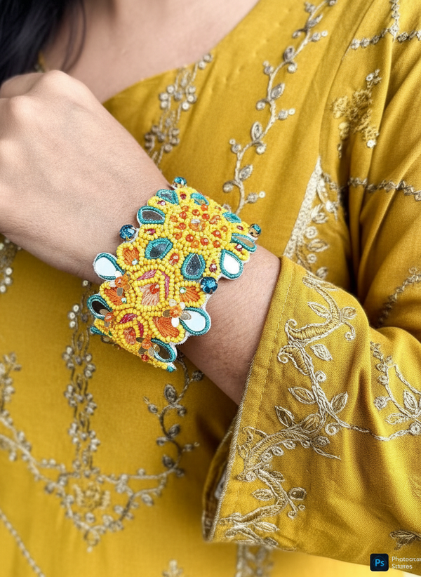 Sunburst Hand-Embroidered Beaded Bracelet – Yellow Floral Statement Cuff