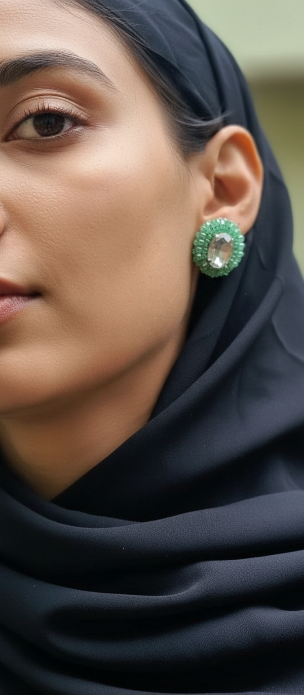 Emerald Aura Beaded Statement Stud Earrings | Handmade Green Crystal Partywear Studs
